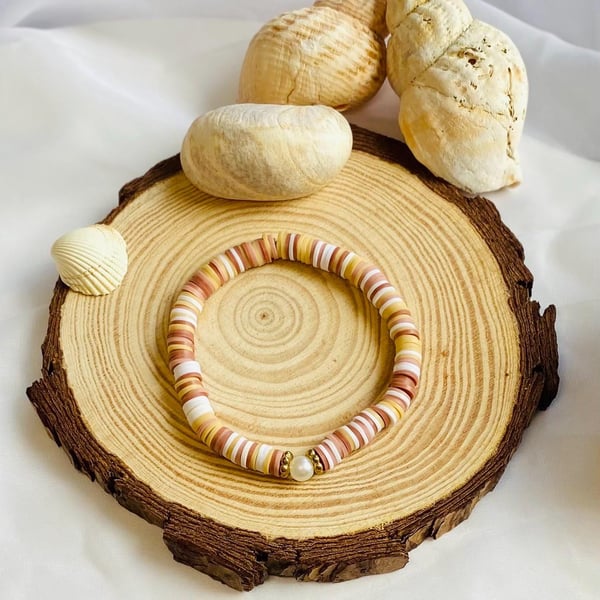 Driftwood Brown Clay Beaded Bracelet Handmade Stretch Bracelet