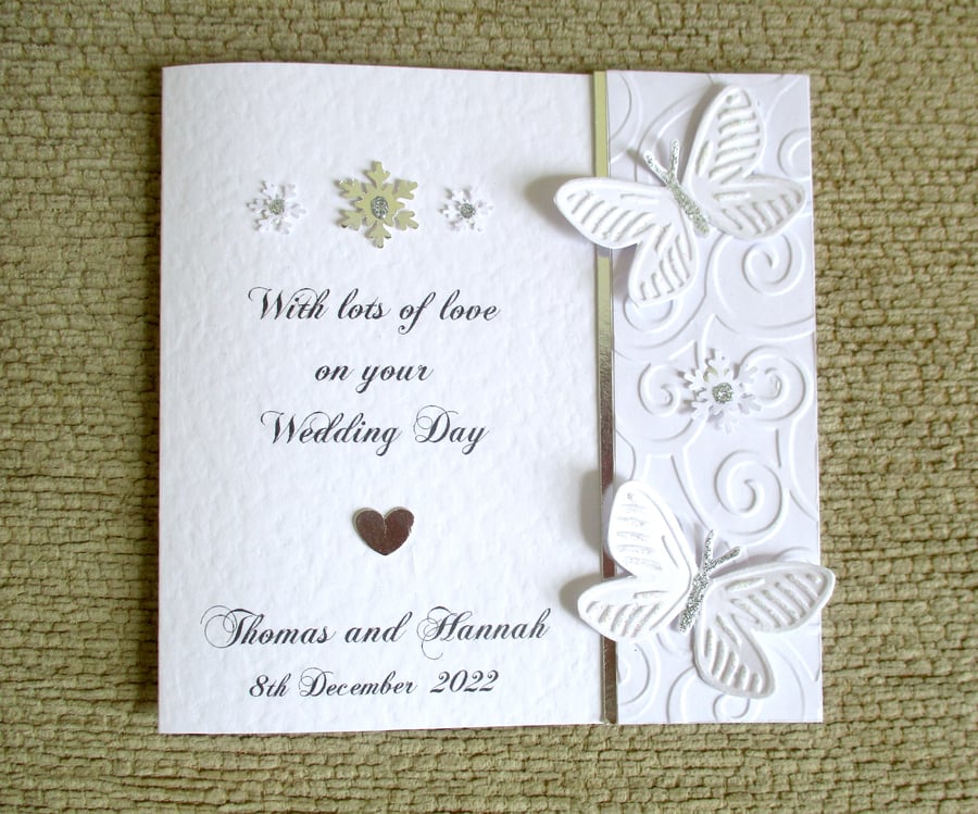 Winter Butterfly Wedding Card - Personalised - Congratulations Card - Snowflakes