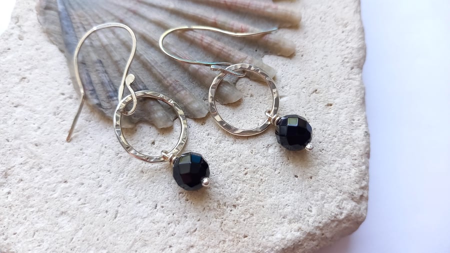 Onyx Sterling Silver Circle Earrings 