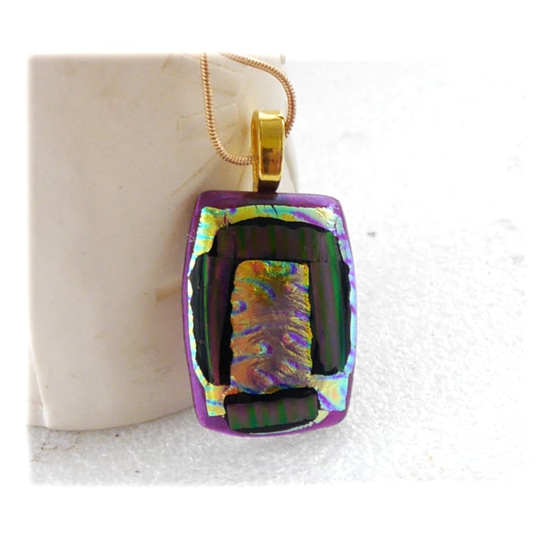 Green Dichroic Glass Pendant 142 Purple Stripe with gold plated chain
