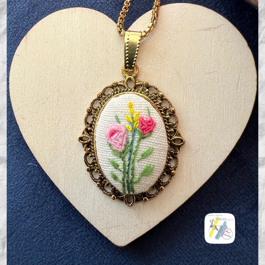 Embroidered pendant, handmade pendant, floral design, gift for her, antique gold