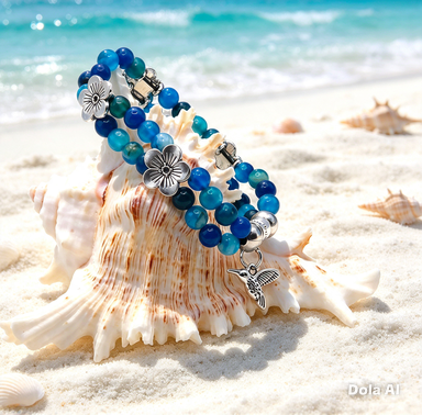 Agate and Silver Flower Stretch Bracelet with a Hummingbird Charm .  