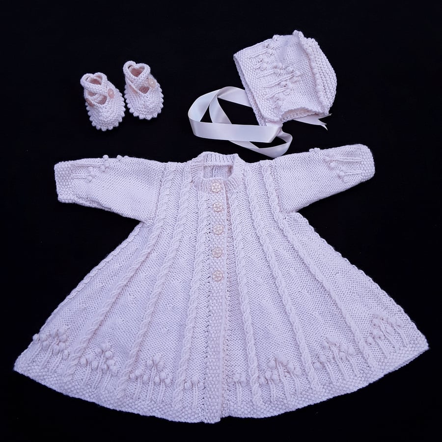 Hand knitted baby cardigan, bonnet and booties 0 - 6 months made to order