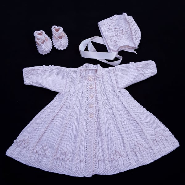 Hand knitted baby cardigan, bonnet and booties 0 - 6 months made to order