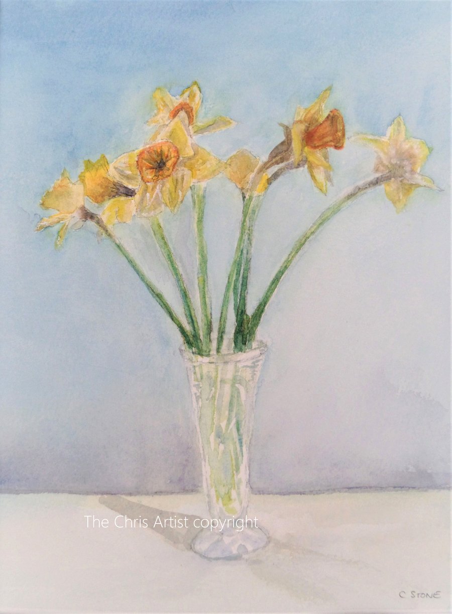 Original watercolour, still life painting,spring daffodils, flower painting
