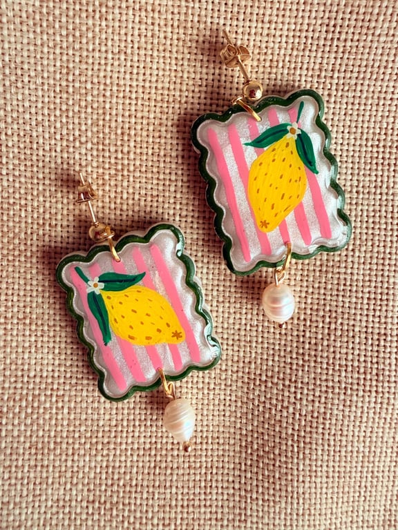 Lemon Sorbet Pink and Green Scallop Tile earrings