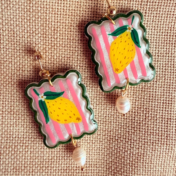 Lemon Sorbet Pink and Green Scallop Tile earrings