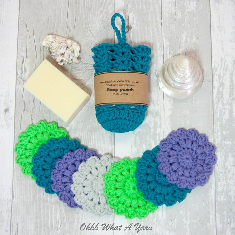 Cotton scrubbies and soap saver, soap pouch. Face wipes. Soap sock.