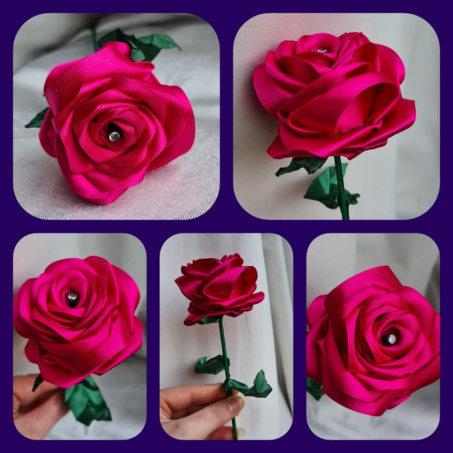 Gorgeous Handmade Hot Pink Ribbon Rose - Long Stem Artificial Flower Gift