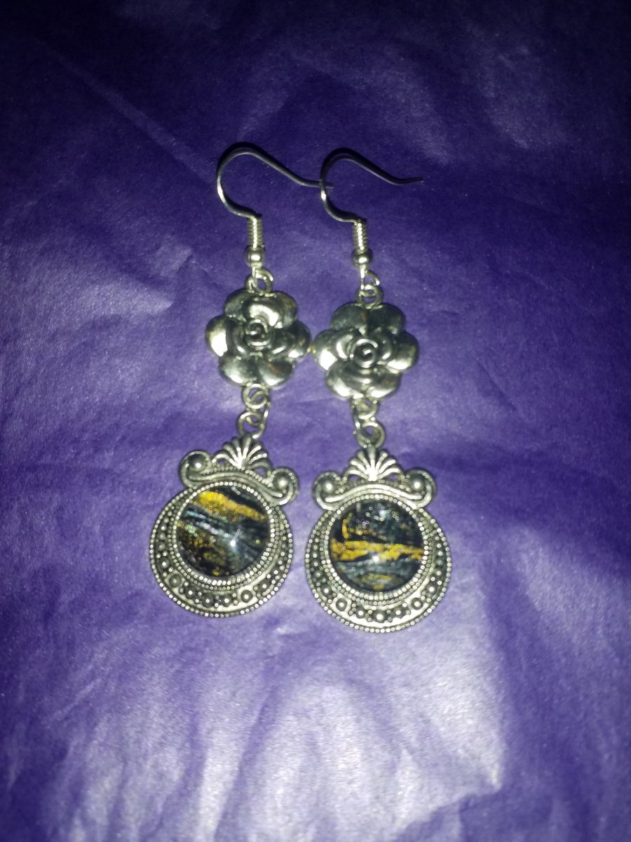 Handmade fluid art gold, black and silver drop earrings with rose charm