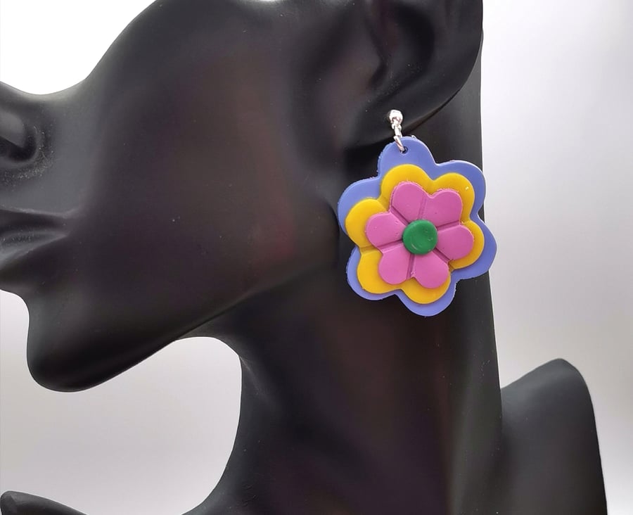 Handmade, Polymer Clay, 3D, Flower Earrings. 