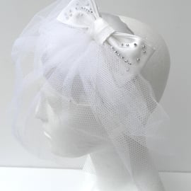  White Satin Fascinator,  White Satin Bow , Silver Beads, White Net Veil