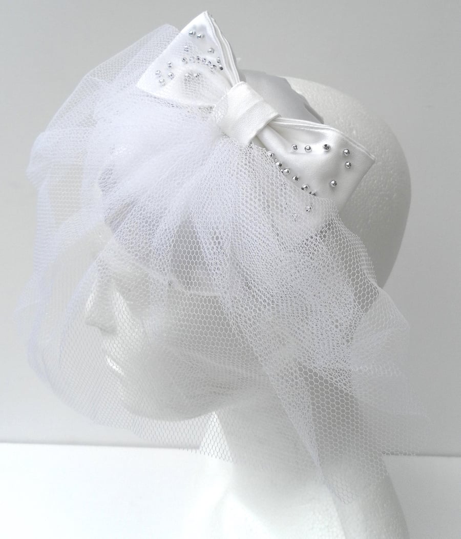  White Satin Fascinator,  White Satin Bow , Silver Beads, White Net Veil