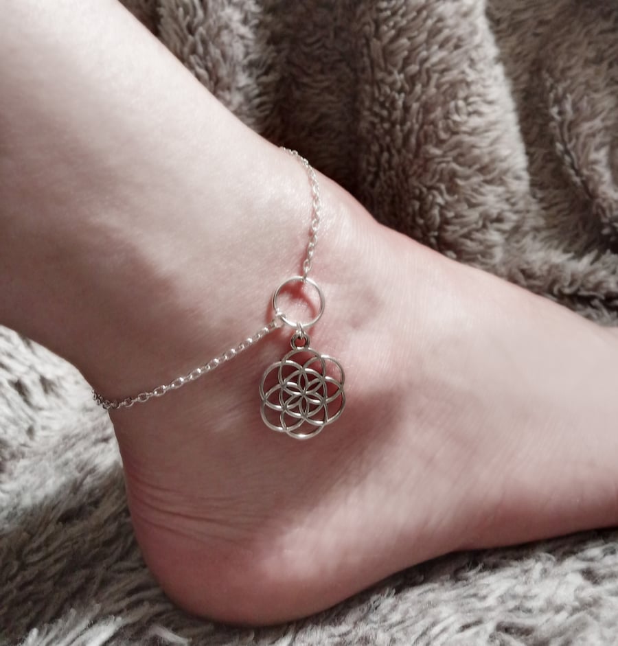 Silver Plate Flower of Life Sacred Geometry Anklet Ankle Bracelet Pagan