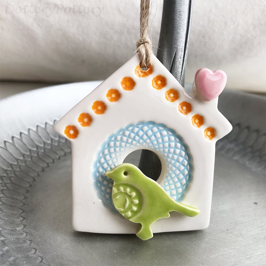 Small Ceramic bird house decoration with pottery bird