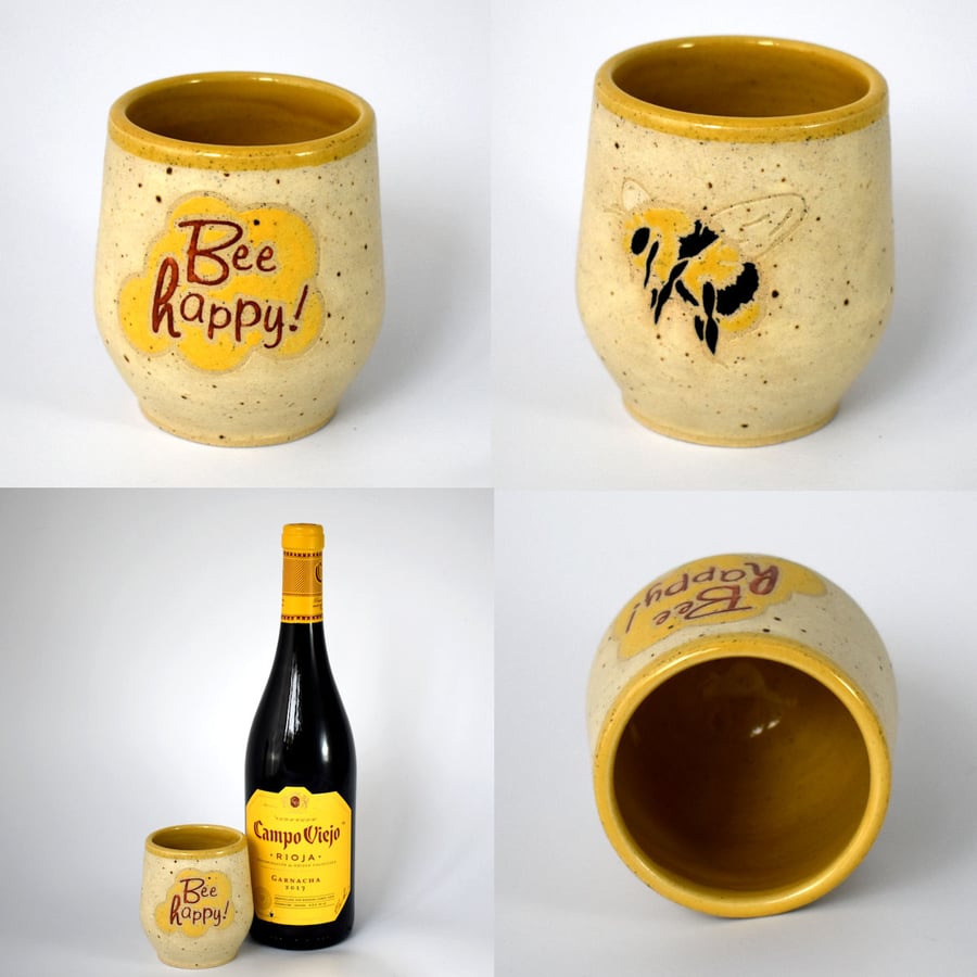 Bee Happy wheel thrown pottery wine cup tumbler (Free UK postage)