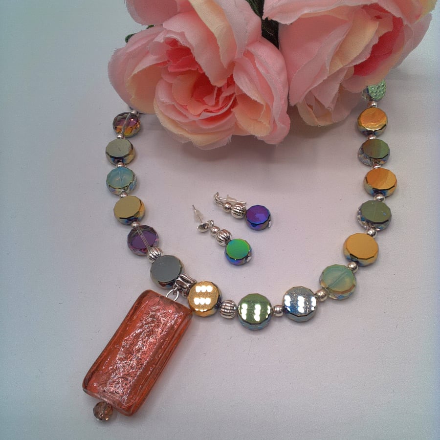 Raspberry Glass Rectangle Pendant on an Iridescent Crystal Necklace and Earrings