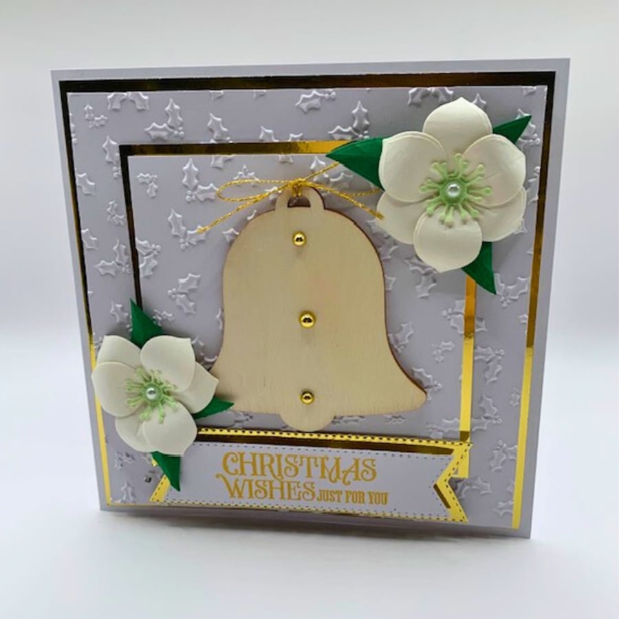 Christmas Card - Luxury Handmade Boxed - Gold Bell & Christmas Rose