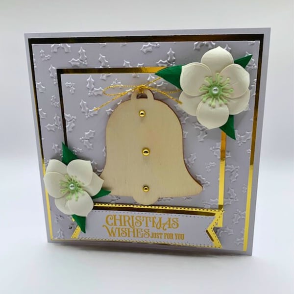 Luxury Handmade Christmas Card - Bell, Christmas Rose, Boxed Keepsake