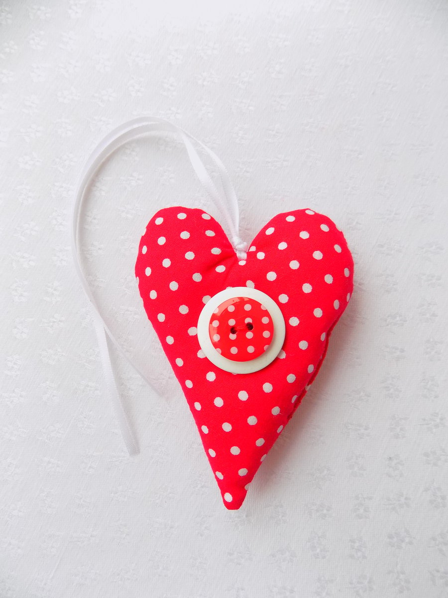 Handmade Red and White Polka Dot  Padded Fabric Love Heart Spotty Button