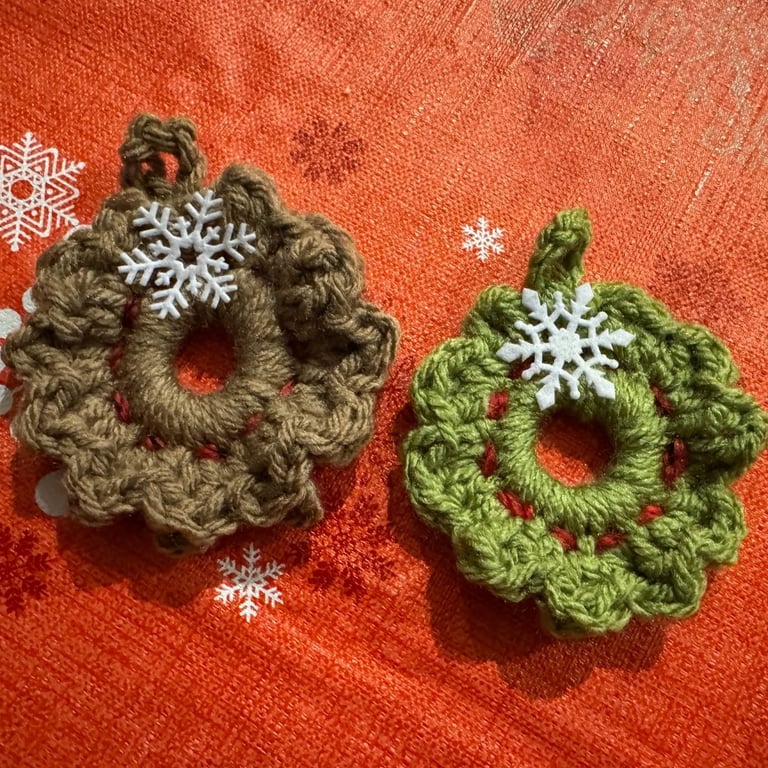 Set of Two Handmade Mini Crochet Christmas Wreaths – Sage Green & Beige