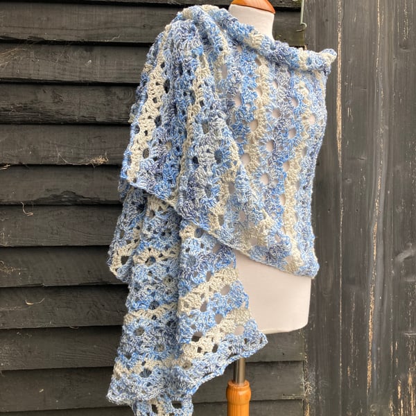 Light Blue Frothy Waves Rectangular Lace Wrap Oversized Scarf Wool Shawl