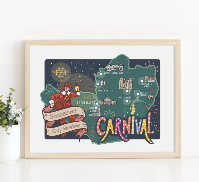 Somerset Carnival Map Illustration Print A4 Unframed 