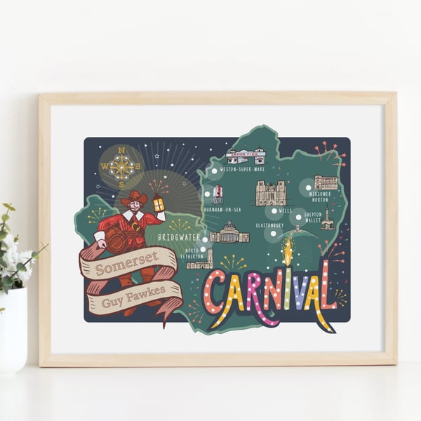 Somerset Carnival Map Illustration Print A4 Unframed 