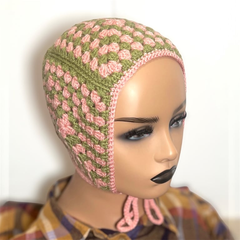Handmade Crochet Bonnet for Women Pink & Green Granny style Festival Summer Hat 
