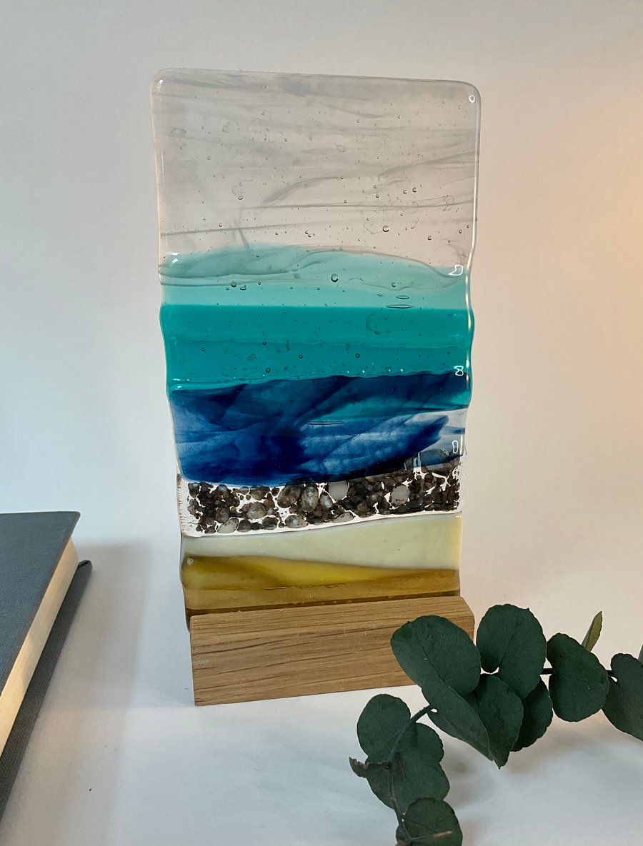 Fused glass landscape with oak candle holder