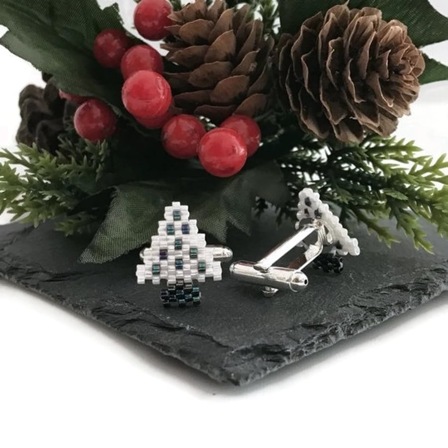 Gunmetal & White Christmas Tree Cufflinks