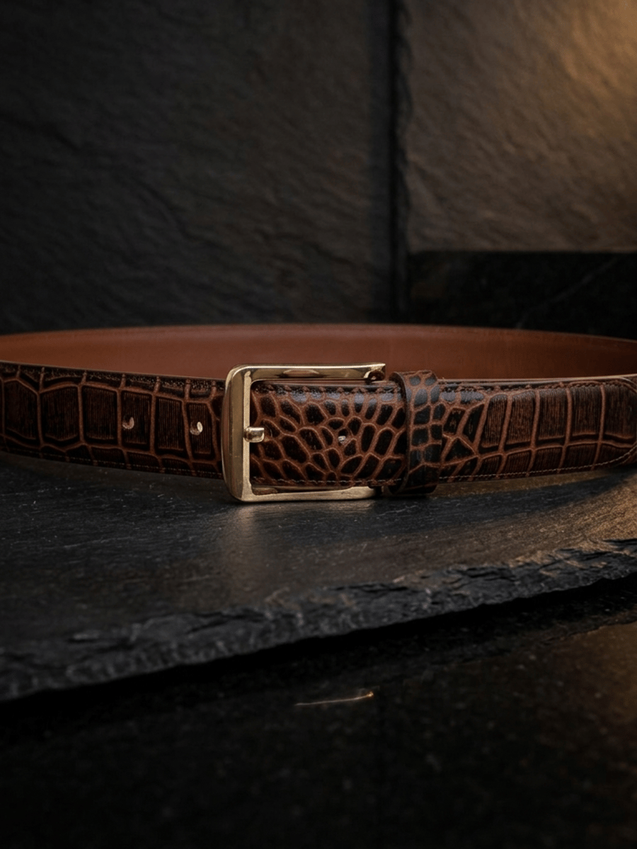 Mustard Tan Full Grain Crocodile Embossed Belt Gold-Tone Buckle Mens 38mm