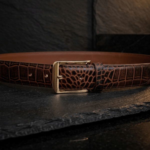 Mustard Tan Full Grain Crocodile Embossed Belt Gold-Tone Buckle Mens 38mm