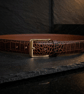 Mustard Tan Full Grain Crocodile Embossed Belt Gold-Tone Buckle Mens 38mm