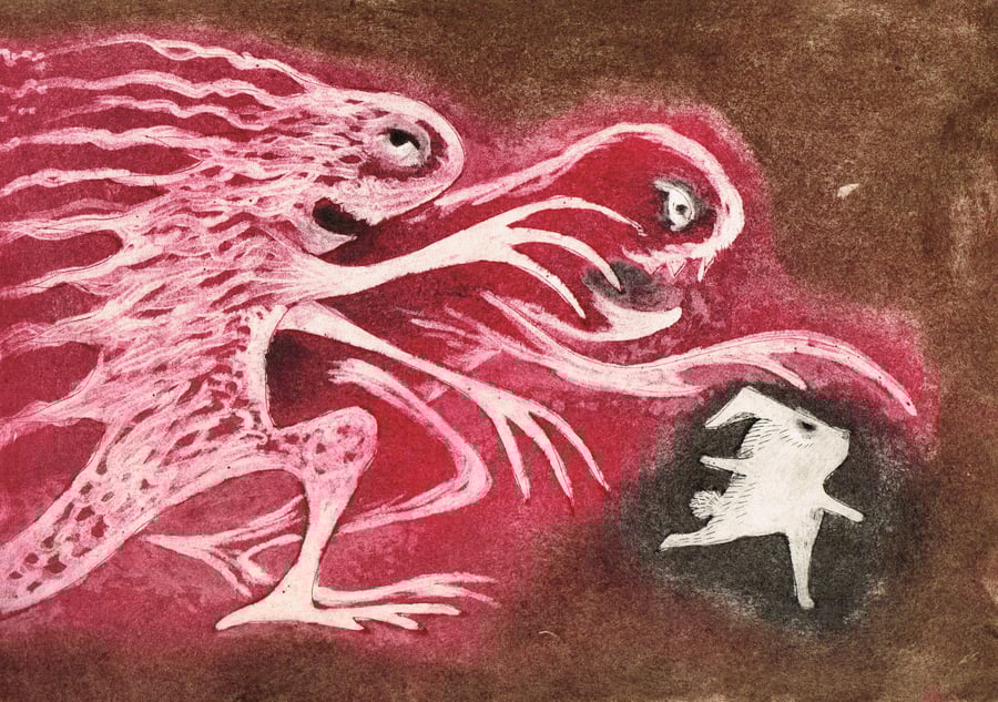 Run rabbit monster dry point etching print