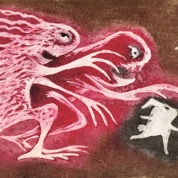 Run rabbit monster dry point etching print - Folksy