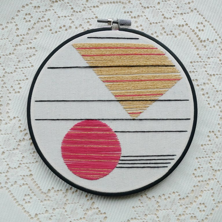 Distand Horizons - Pink, Black and Gold Abstract Embroidery Art Piece