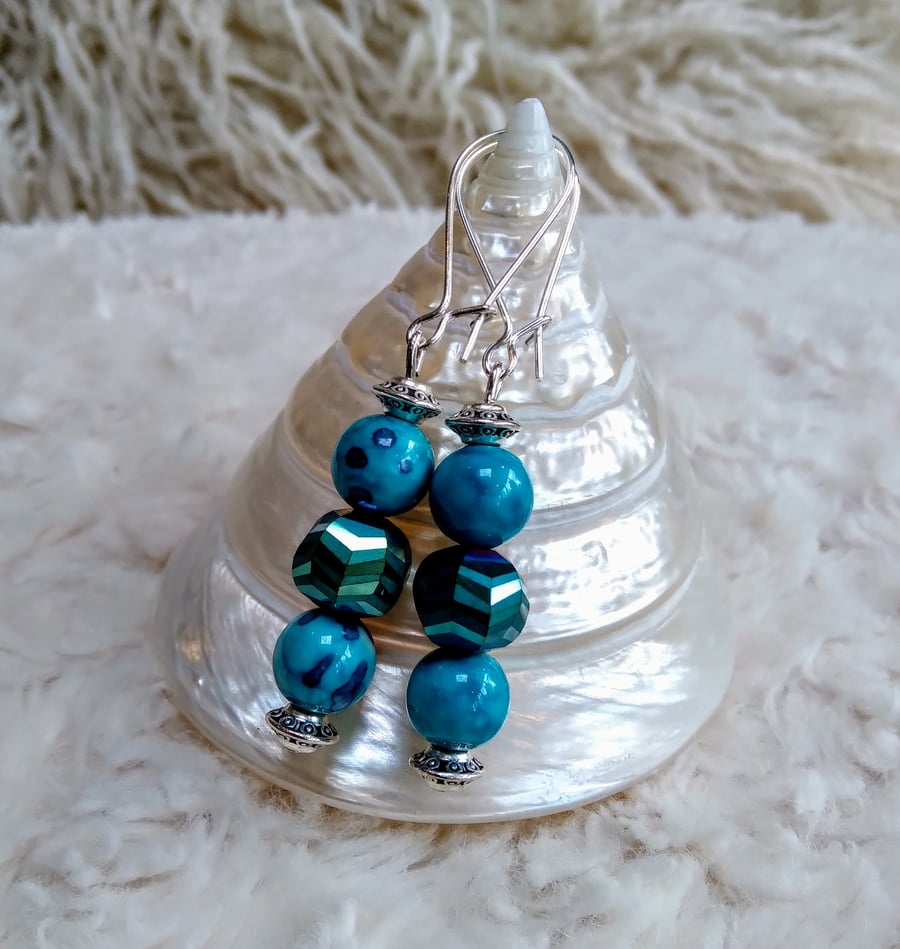 Blue Jasper gemstone with Czech faceted crystal silvertone EARRINGS