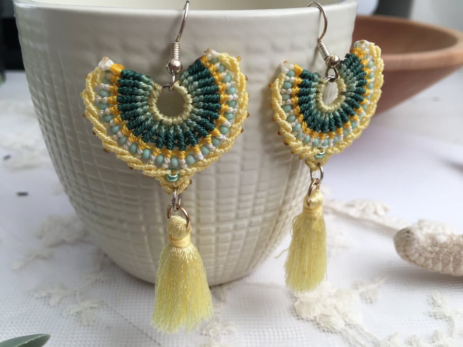 Fun and fashionable beaded macrame tassel fan shaped earrings, boho chic