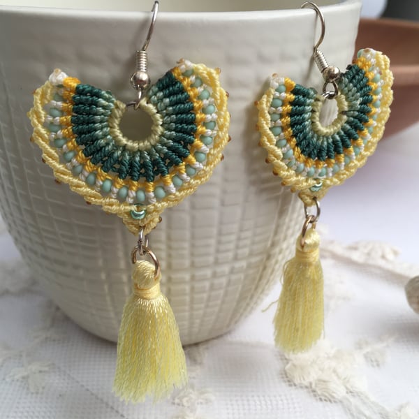 Fun and fashionable beaded macrame tassel fan shaped earrings, boho chic