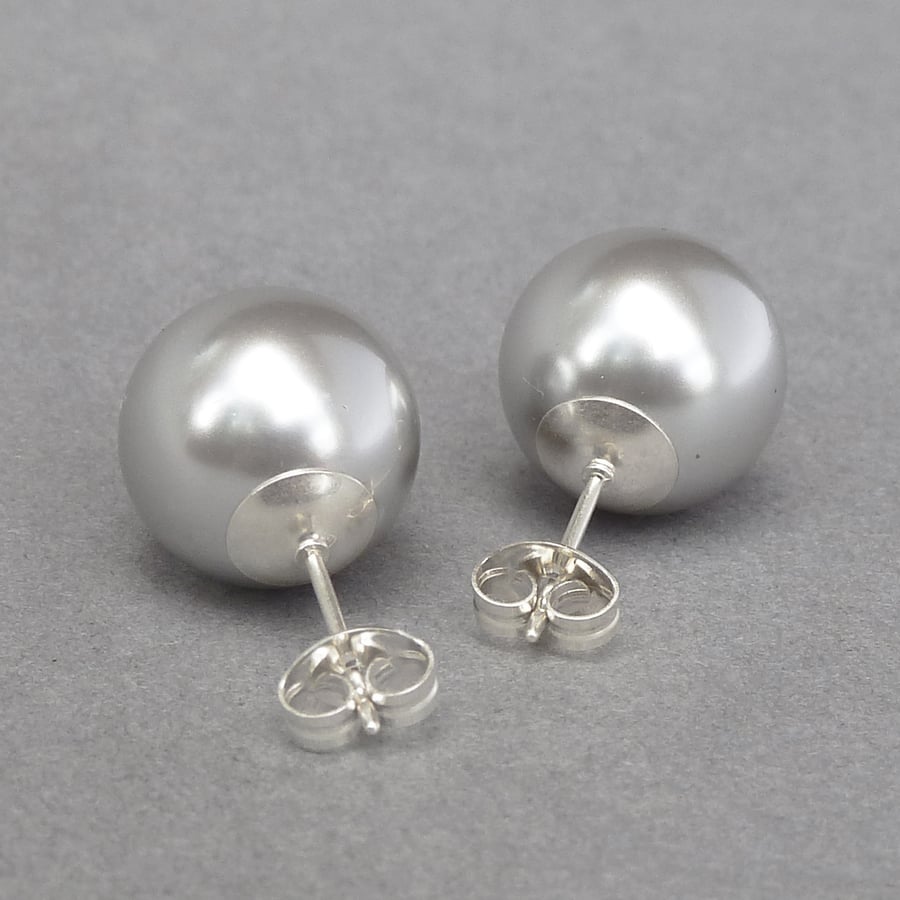 12mm Large Silver Pearl Stud Earrings - Chunky Light Grey Studs - Gift Ideas 