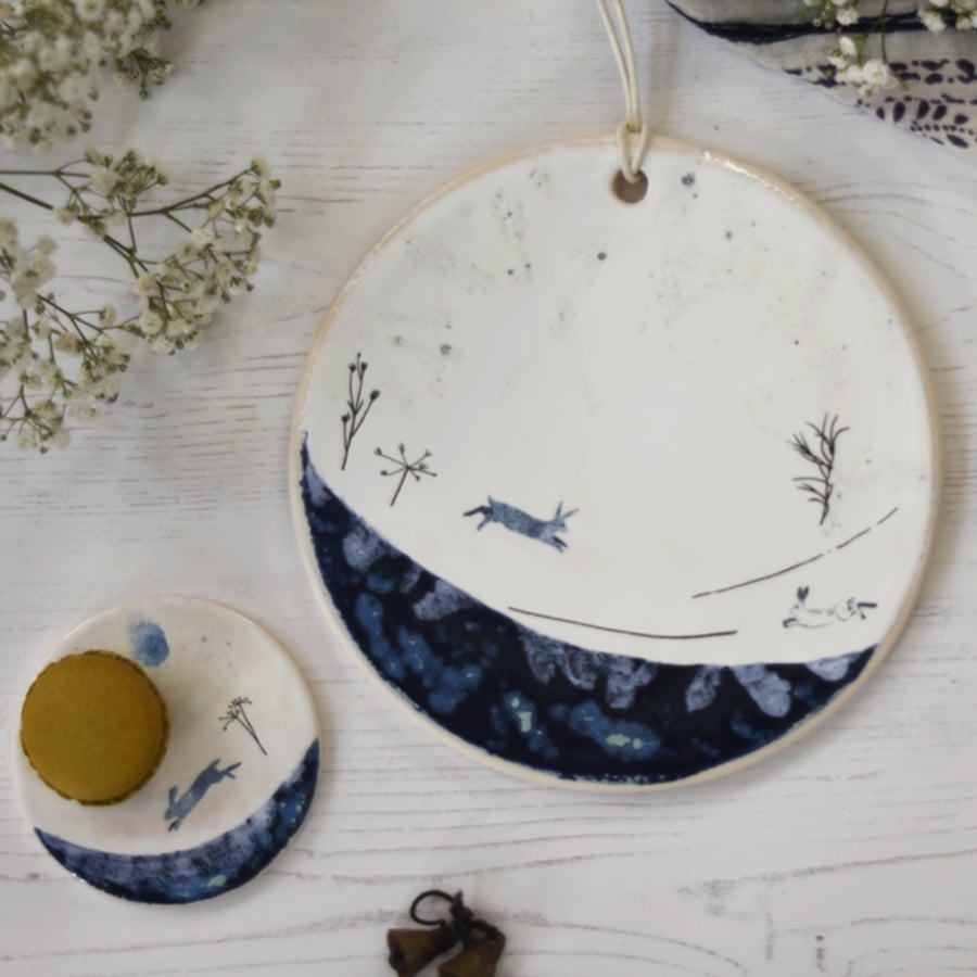 hare on the plain small round plate - handmade stoneware pottery