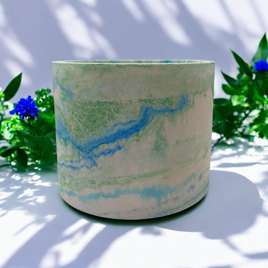 Seascape 15cm Marbled Plant Pot  - Blue and Green Large Round Pot Cover (lpp27)