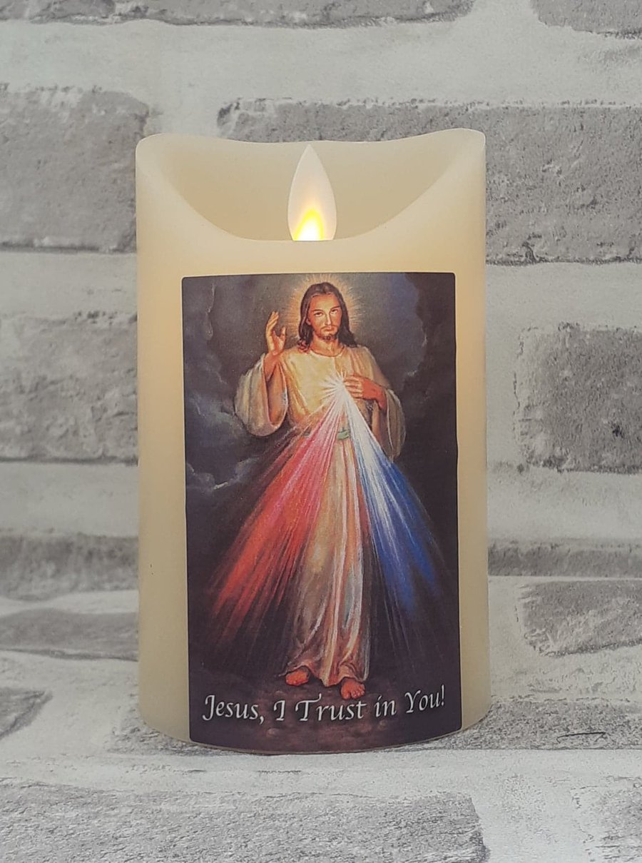 DIVINE MERCY LED CANDLE Scented Vanilla wax Candle JESUS I Trust in You Christ