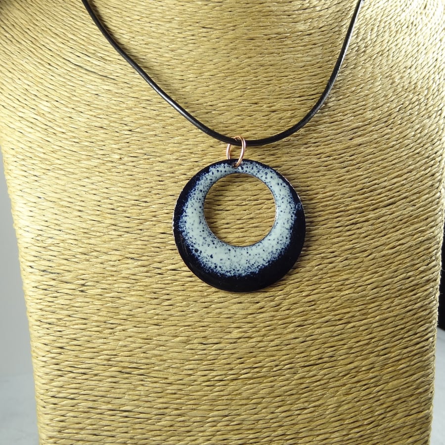 Ivory and blue glass enamelled copper pendant on a leather cord, 38mm (0075)