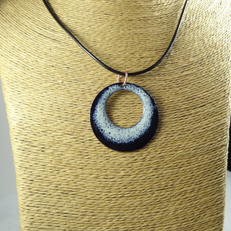 Ivory and blue glass enamelled copper pendant on a leather cord, 38mm (0075)