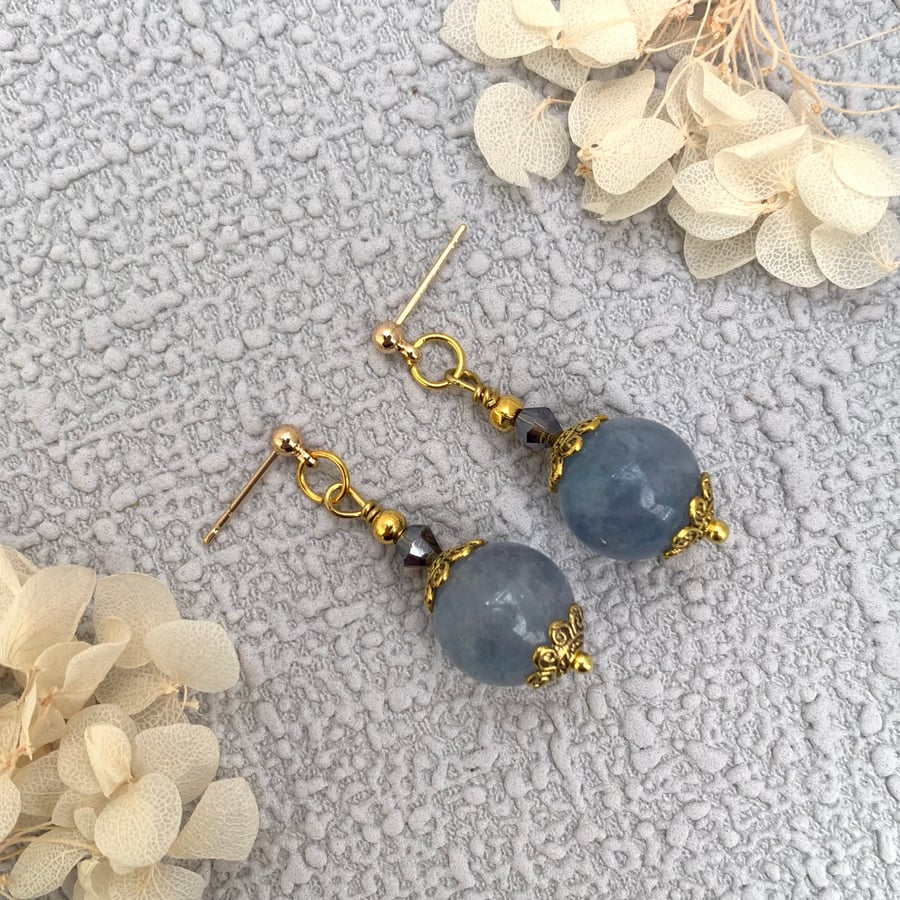 Aquamarine Gemstone and Gold Vintage Style Drop Earrings