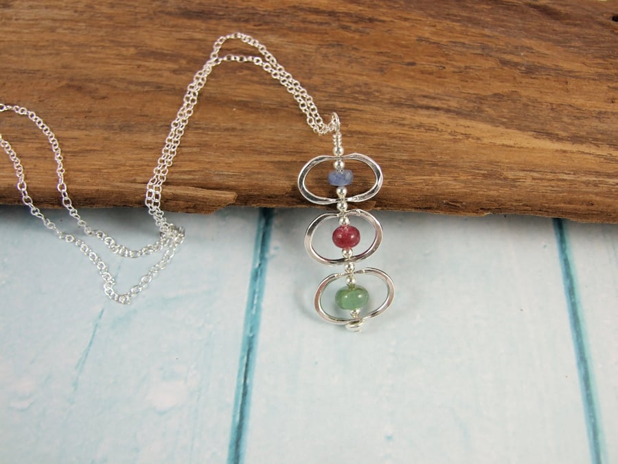 Emerald, Ruby and Sapphire Sterling Silver Necklace