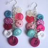 Pink, Turquoise, White, Pearlescent and Polka dot button sterling silver drop earrings