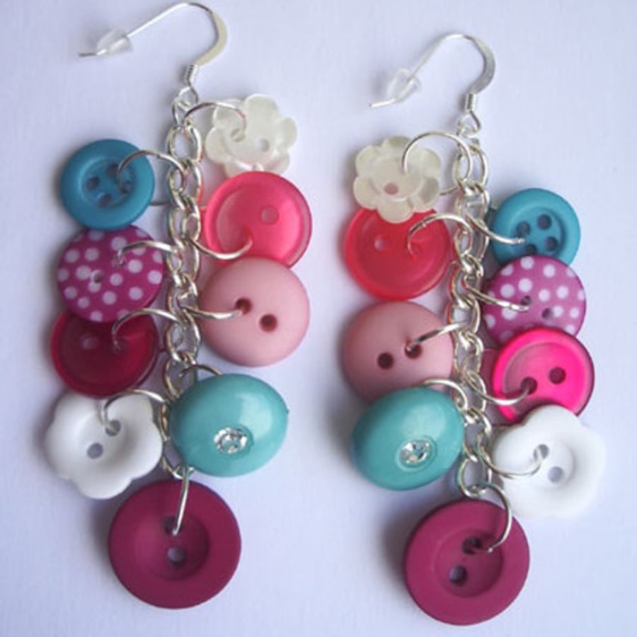 Pink, Turquoise, White, Pearlescent and Polka dot button sterling silver drop earrings